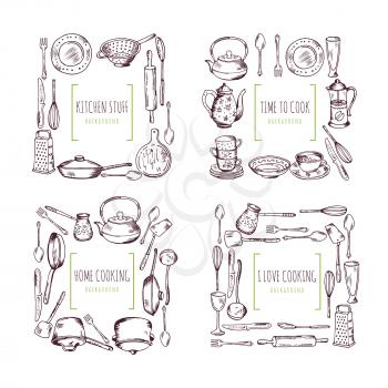 Kitchen elements frames and place for your text. Food vector background. Template of frame restaurant menu with tools for kitchen, illustration of cooking kitchen kitchenware