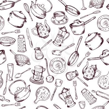 Kitchen cooking elements seamless pattern. Vector background. Kitchen element seamless sketch pattern illustration