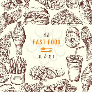Hand drawn fast food background illustration. Vector banner fast food with burger and beverage, poster menu fast food