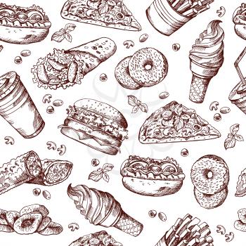 Fast food vector seamless pattern. Hand drawn illustration of hamburger sandwich cola and french fries. Pattern hamburger pizza fast food, beverage and potato fastfood