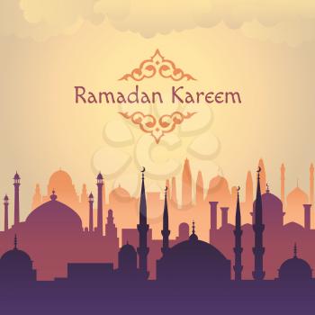 Ramadan arabik mosgue vector background. Ramadan arabic and silhouette of mosque banner illustration