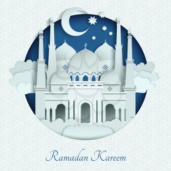 Mosques roofs from paper with long shadows. Islam vector background illustration. Architecture mosques muslim, ramadan kareem banner