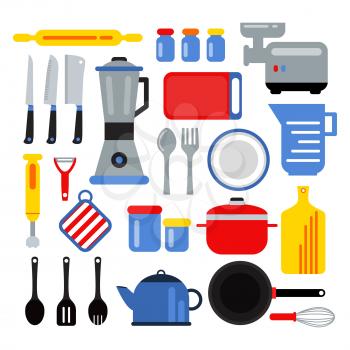 Kitchen equipment for cooking. Vector illustrations set in flat style. Tool kitchen collection, kitchenware and utensil for cooking,