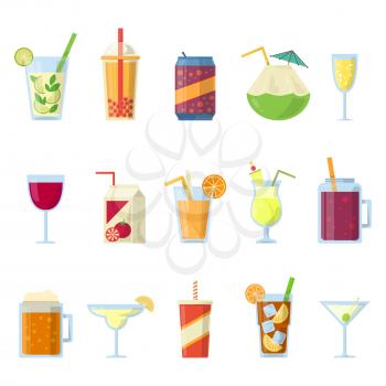Different drinks in bottles and glasses. Vector set isolate on white. Drink glass and alcohol beverage collection illustration