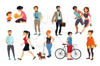 Peoples walking on street. Vector illustrations set. Man and woman walking and run, group of people walk