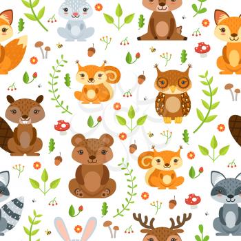 Vector seamless pattern of forest animals and summer plants. Seamless pattern forest plant and animal illustration