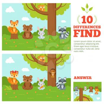 Educational game for kids with funny forest mascots. Vector cartoon illustration with differences elements. Cartoon character animal on game poster find difference