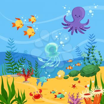 Underwater background illustration with ocean animals, plants and fishes. Vector sea underwater wildlife with seaweed and fish