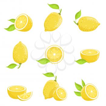 Lemon with slices. Fresh yellow fruit in cartoon style. Vector picture isolate on white. Lemon fruit fresh with green leaf illustration