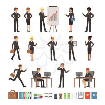 Characters design set business people man and woman, office workers directors, professional teams. Mascots in different action poses. Character professional employee and manager worker illustration