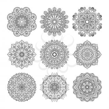 Meditation pattern. Vector illustration of indian mandalas set isolated. Yoga concept. Collection of mandalas black pattern
