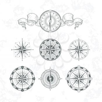 Orientation antique compas in vintage style. Vector monochrome illustrations. Set of compas with wind rose