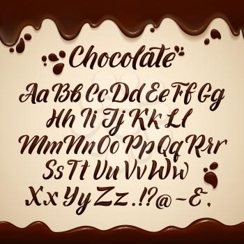 Latin alphabet in liquid style. Hand writing brown chocolate letters. Vector illustration. Alphabet chocolate brown, liquid abc type