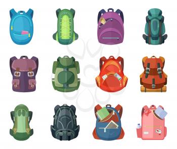 Backpacks for school and hiking. Vector illustration in flat style. Backpack, and rucksack for school and adventure travel