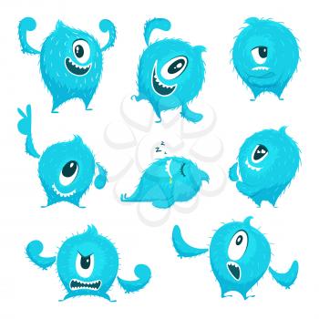 Vector colored monster in cartoon style. Different action poses and cute faces. Funny monster cyclop creative illustration