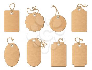 Different empty shop tags with linen ribbon or knot cord. Vector cartoon tag for discount and clearance illustration set isolate on white
