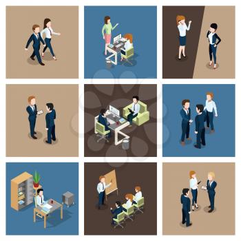 Different business situations in office. Businessman working with his team. Secretary at the table. Vector isometric illustrations set. Businessman in business situations