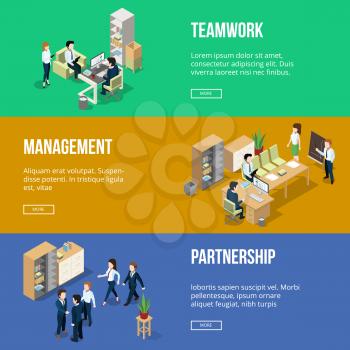 Peoples at work in his offices. Businessman workplace. Horizontal banners set with isometric illustration. Business design banner teamwork and partnership concept