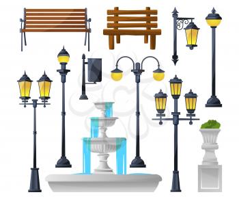 Urban elements set. Street lamps, fountain, park benches and wastebaskets. Vector illustration. Park street lamp and wooden bench and lantern light, fountain and trashcan