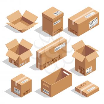 Opening and closed cardboard boxes. Isometric cardboard box open and closed for delivery and packaging illustration set vector