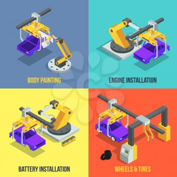 Car production phases. Automated machinery line. Industrial isometric vector illustration. Machinery production technology, assembly line automobile