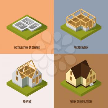 Different construction stages. Isometric vector pictures. Building construction and architecture, illustration of installation and sewage