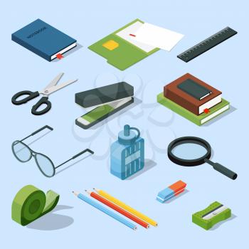 Books, paper documents in folders, and other base stationary elements set. Vector isometric office equipment stationary element scissor and stapler illustration