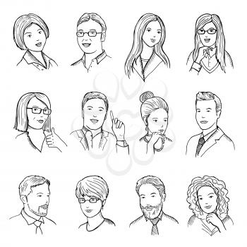 Male and female hand drawn illustrations for pictograms or web avatars. Different business faces with funny emotions. Vector set of business people face female and male illustration