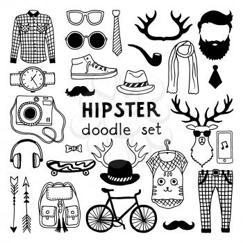 Vector doodle set with different hipster style elements vintage pants and beard, horns and skate illustration