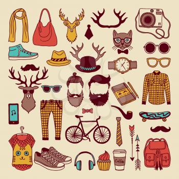 Modern graphic elements in hand drawn style. Fashioned hipsters culture icon set. Hipster colored doodle vintage watch and glasses, vector illustration