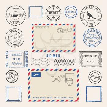 Vector illustrations of letters and postmarks, airmail designs. Antique stamps. Airmail retro stamp, vintage post stamps imprint