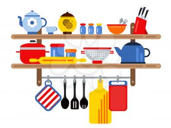 Cooking and restaurant equipment on kitchen shelves. Vector illustration in flat style. Kitchen equipment on shelf, bowl and kettle