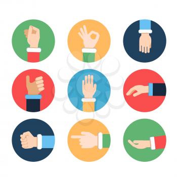 Different hands in action poses. Vector pictures in colored frames. Hand gesture pointing and ok, illustration of positive gesture