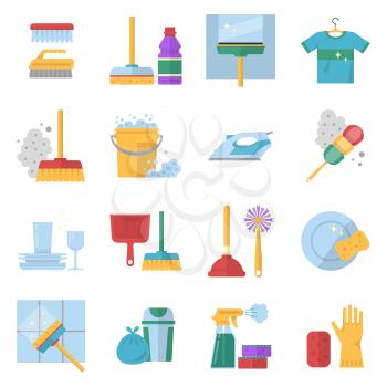Cleaning service symbols. Different colored tools in cartoon style. Equipment for clean, bucket and mop, glove and sponge, brush and soap. Vector illustration