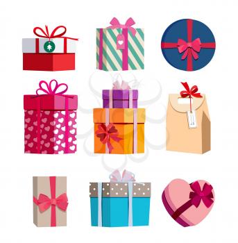 Different color gift boxes with ribbons. Vector illustrations set of colored gifts for birthday and new year