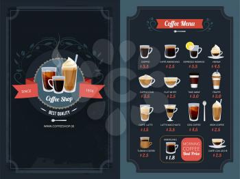 Coffee menu with different types. Cappuccino, macchiato, latte and others. Cappuccino and latte, coffee cup espresso and americano. Vector illustration