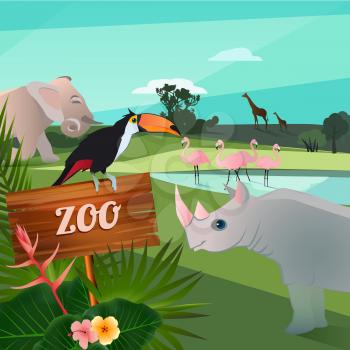 Cartoon illustration of wild animals in zoo. Funny vector characters. Funny zoo animal elephant and flamingo in pond