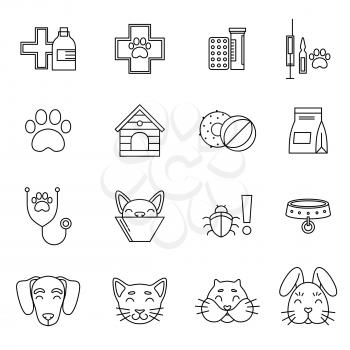 Linear icons set of veterinarian clinic. Different care tools for pets. Vector pictures isolate on white. Dog care linear tools illustration