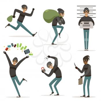 Different actions scenes with cartoon bandit. Vector mascot of thief in action poses. Illustrations of robbery or raid, , crime character theft with money