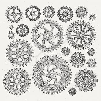 Industrial illustration set of mechanical metal wheels gears and cogwheels. Vector monochrome illustrations. Cogwheel and gear wheel industrial mechanism