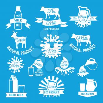 Labels set of fresh milk. Vector illustrations for farm logo design. Fresh healthy dairy milk