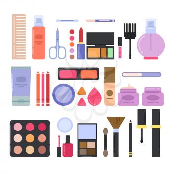 Different makeup accessories for girls and women. Cosmetics illustrations in flat style. Lipstick cosmetic for beauty girl, makeup fashion