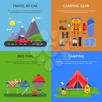 Four vector illustrations set of outdoor activities. Summer camping, climbing, hiking and road travel. Summer travel outdoor, tourism and adventure