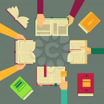 Vector illustrations. Hands hold opened and closed books. Human arm and books