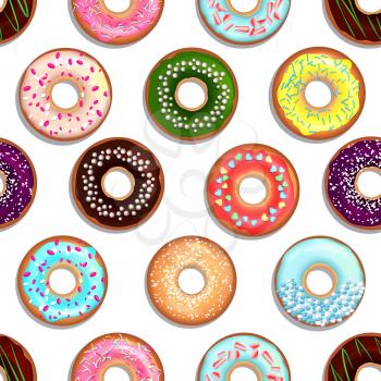 Vector seamless pattern with tasty foods. Desserts with glaze donuts and cakes. Colored donut tasty dessert illustration
