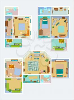 Drawings for the layout of the apartment. Top view vector pictures of kitchen, bathroom and living room. Plan of interior apartment house illustration
