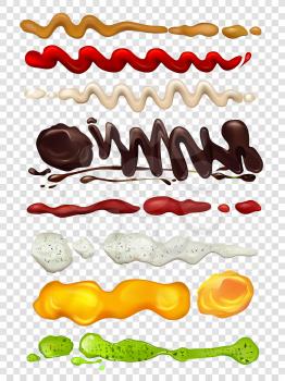 Liquid spice and sauces for food. Ketchup, mayonnaise, honey and others. Liquid sauce tomato and cream. Vector illustration