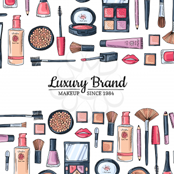 Vector hand drawn makeup products background with place for text illustration