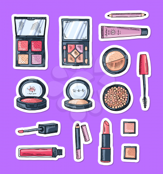 Vector hand drawn makeup elements stickers isolated on dark background illustration