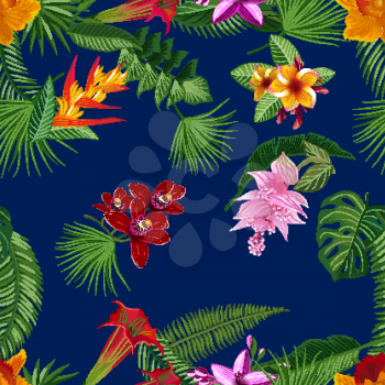 Vector tropical palm leaves and exotic flower elements pattern with dark blue background illustration